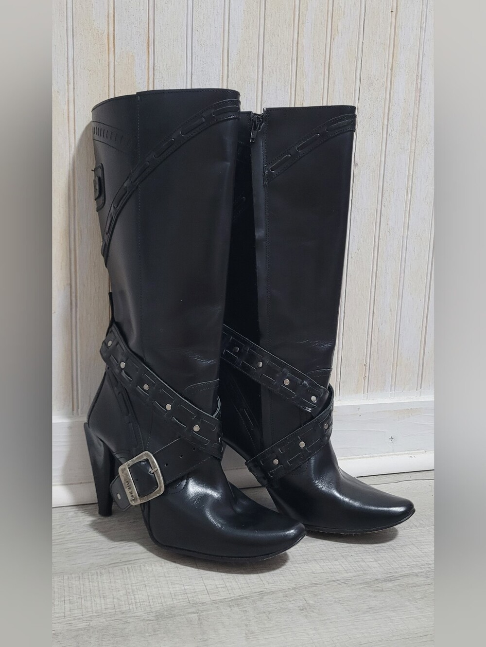 Vintage Diesel Black Leather Y2K Moto Biker Boots Spain Size 40 US 9/9.5